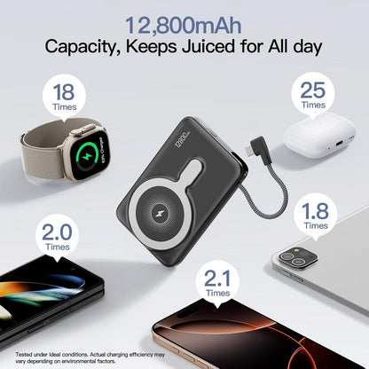 2026 Updated M3 Ultra Slim 0.4'' Wireless Power Bank, 12800Mah Magnetic Portable Charger with Built in Cable and Strap, LED Battery Pack Travel Essentials for Iphone 17/16/15/14/13/12/Pro Max Andriod