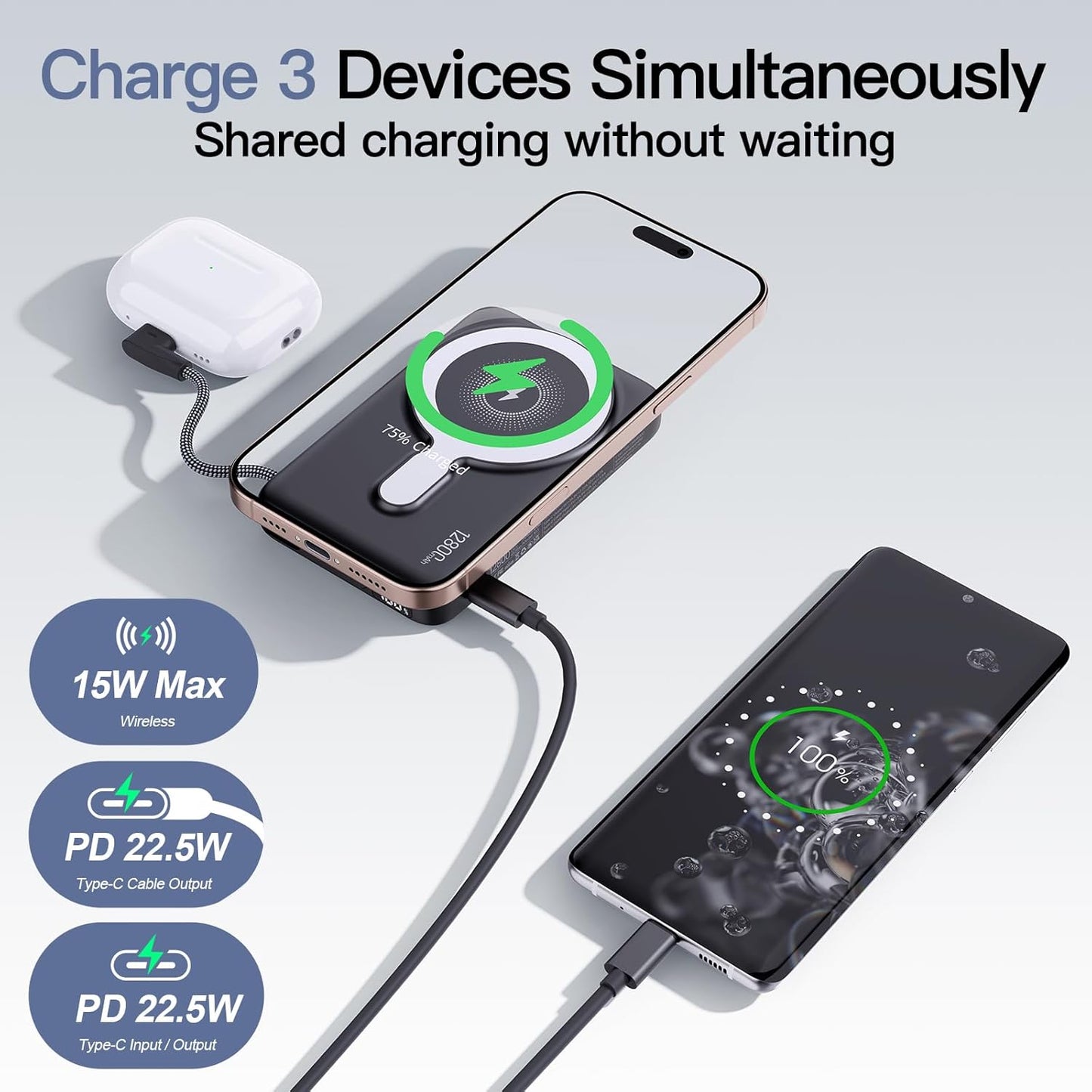 2026 Updated M3 Ultra Slim 0.4'' Wireless Power Bank, 12800Mah Magnetic Portable Charger with Built in Cable and Strap, LED Battery Pack Travel Essentials for Iphone 17/16/15/14/13/12/Pro Max Andriod